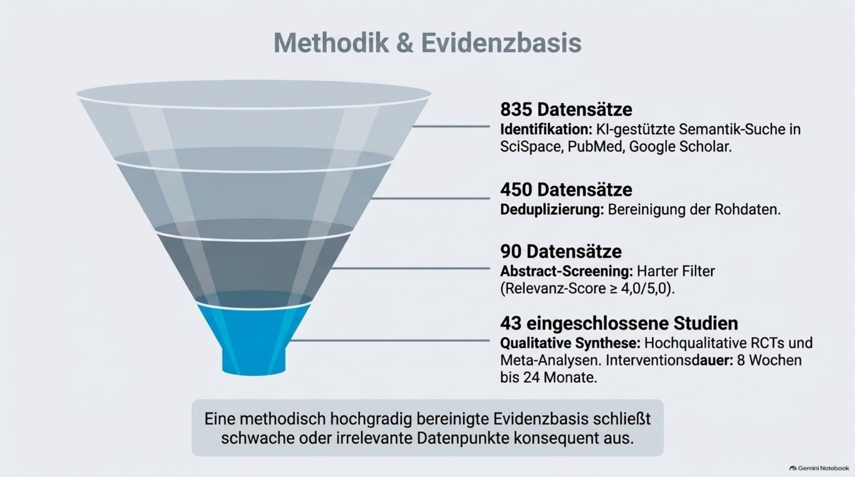 Methodik-Trichter: aus 835 gefundenen Datensätzen blieben nach strenger Filterung 43 hochwertige Studien.