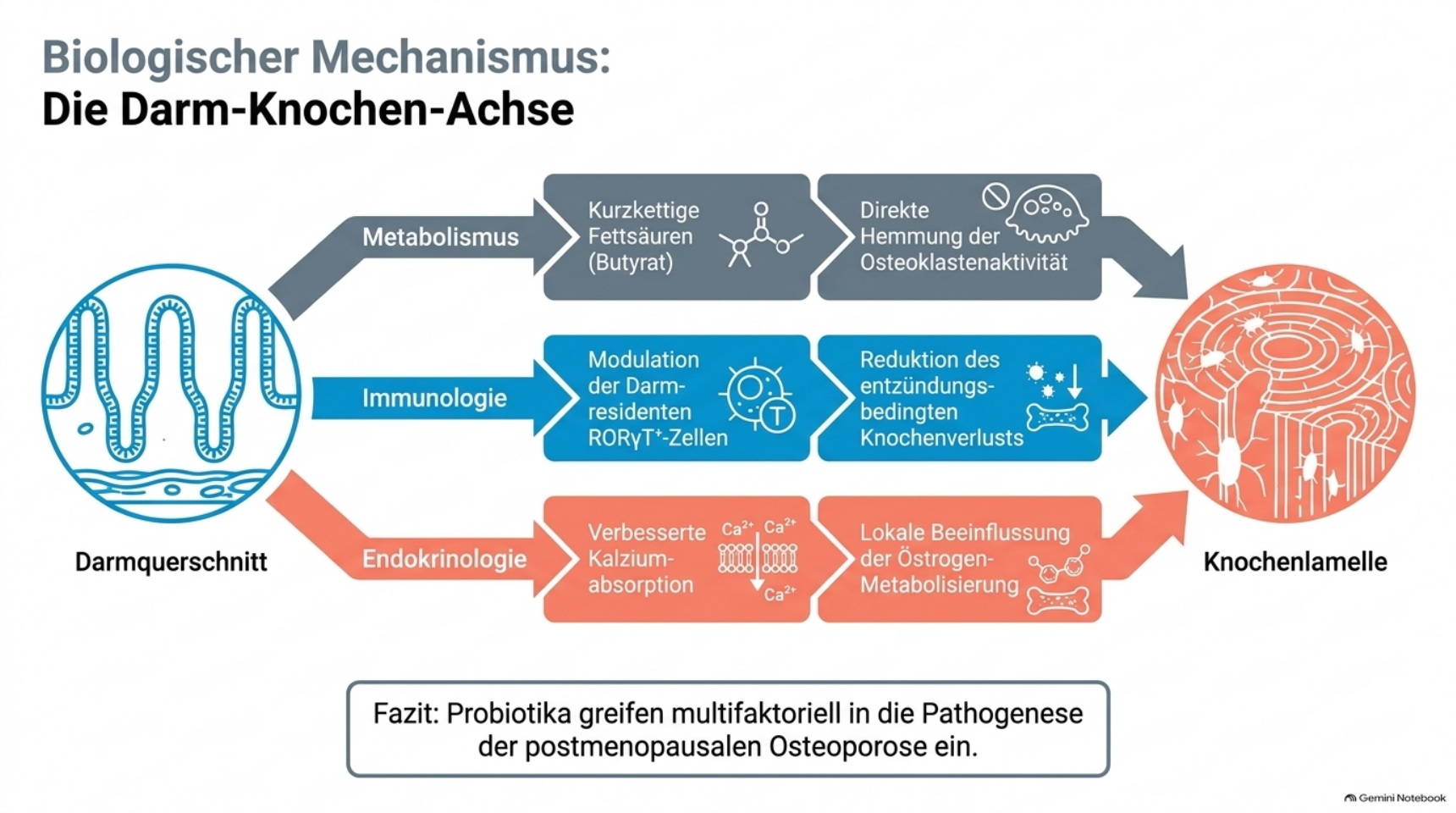 Drei Wirkwege der Probiotika – Metabolismus (Butyrat), Immunologie und Endokrinologie – vom Darm bis zur Knochenlamelle.
