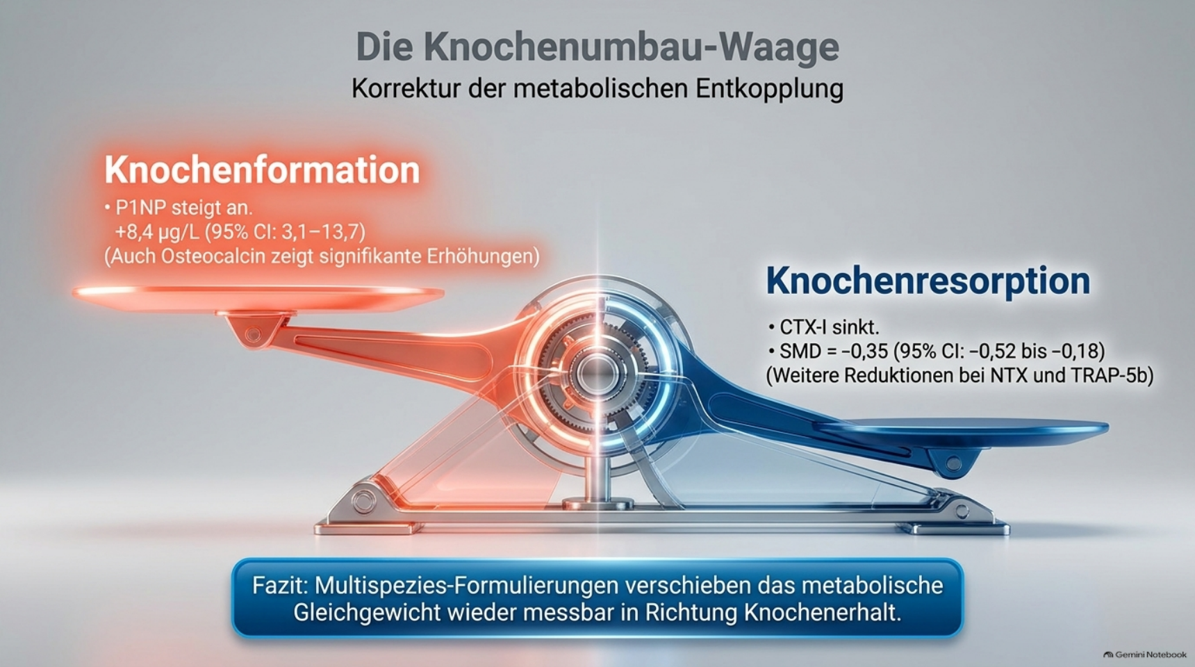 Die Knochenumbau-Waage: Knochenformation (P1NP +8,4 μg/L) gewinnt gegenüber der Resorption (CTX-I, SMD −0,35).
