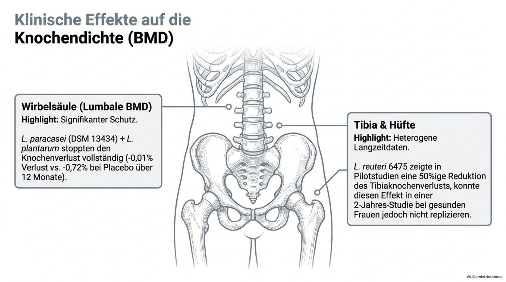 Wo Probiotika wirken: signifikanter Schutz der lumbalen Wirbelsäule, heterogenere Langzeitdaten an Tibia & Hüfte.